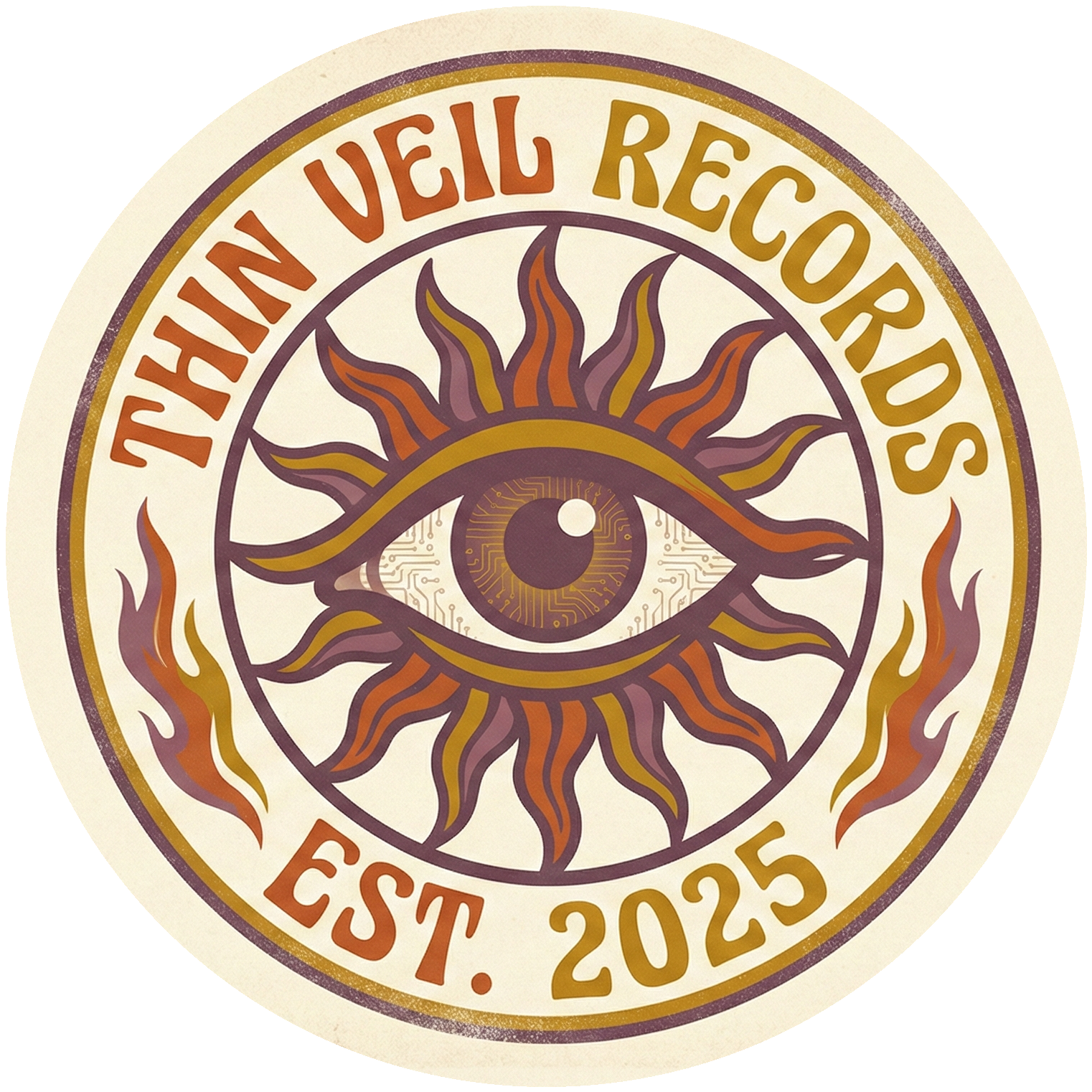 Thin Veil Records — circular seal with central eye, sun rays, and the wordmark THIN VEIL RECORDS · EST. 2025
